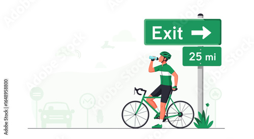 Cyclist Hydrating During A Road Trip Beside Exit Sign At Twenty Five Miles