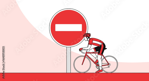 Cyclist Ignoring Prohibition Sign Concept In Minimalist Vector Illustration Style
