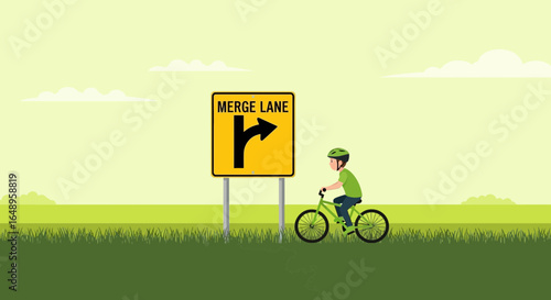 Cyclist Navigating a Merge Lane Sign on a Green Path Roadway