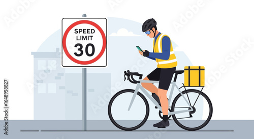 Cyclist Ignoring Speed Limit While Using His Smartphone For Work Delivery