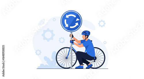 Cyclist Navigating A Roundabout With Blue Bicycle And Appropriate Signage