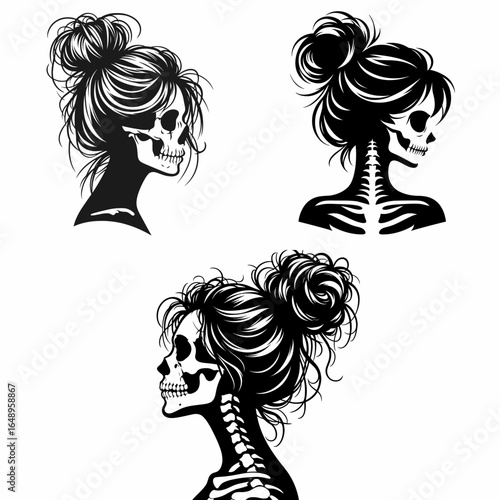 Female with messy bun Skeleton Vengeful. Retro Vintage Cartoon Clipart Silhouette Vector Line Art Illustration. Woman sporting untidy hairdo bone figure seeking payback intense anger.
