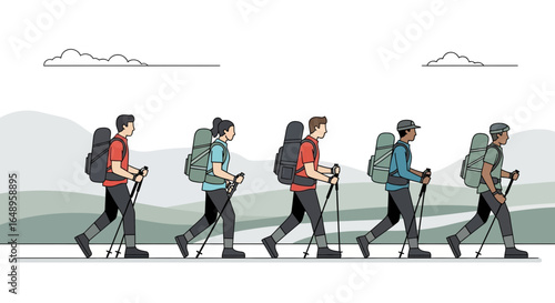 Diverse Group Of People Hiking In Mountain With Backpacks And Trekking Poles