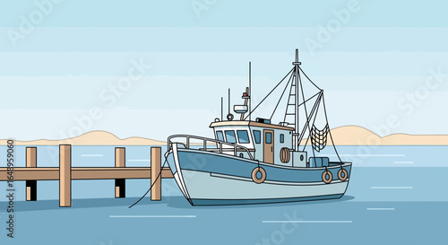 Docked Fishing Boat At The Pier A Serene Coastal Nautical Illustration