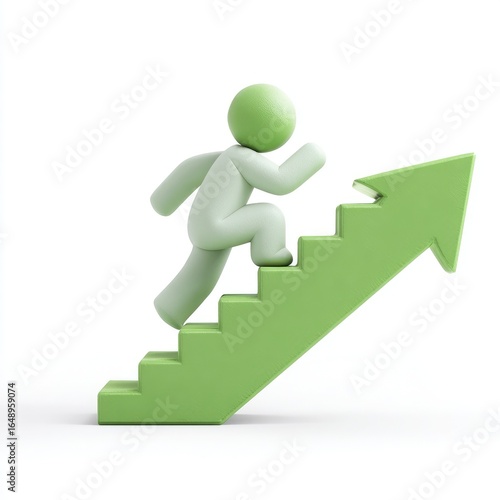 A light-gray, simple figure runs up a light-green upward staircase