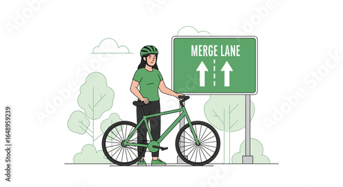Cyclist Resting Beside the Merge Lane Sign on a Green Trail
