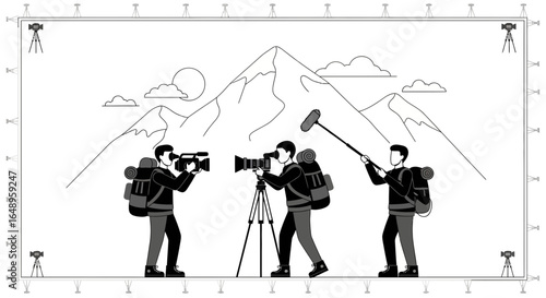 Documentary Filmmaking Team Capturing Scenic Mountain Views On Location Shoot