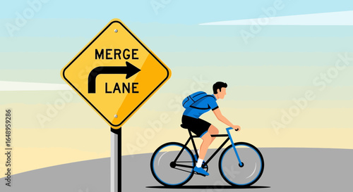 Cyclist Rides Near Merge Lane Sign Depicting Transportation and Safety