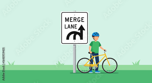 Cyclist Taking a Break near a Merge Lane Sign for Road Safety Awareness