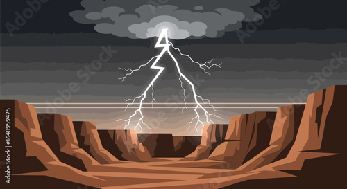 Dramatic cartoon illustration of a desert canyon with a lightning storm creating a powerful and exciting scene