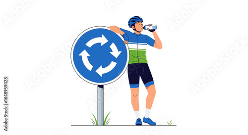 Cyclist Taking A Break Near A Roundabout Road Sign, Drinking Water