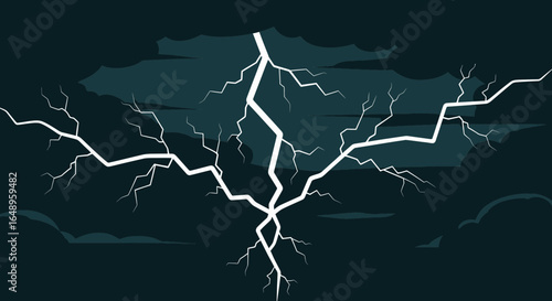 Dramatic cartoon lightning strike illuminating dark stormy night sky with clouds