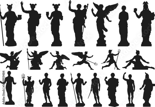 A diverse collection of ancient Greek and Roman god statues, including various deities and mythological figures in different poses.