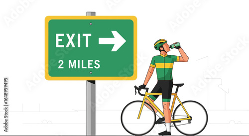 Cyclist Taking Refreshment Break Next To The Exit Sign Outdoors In The Nature