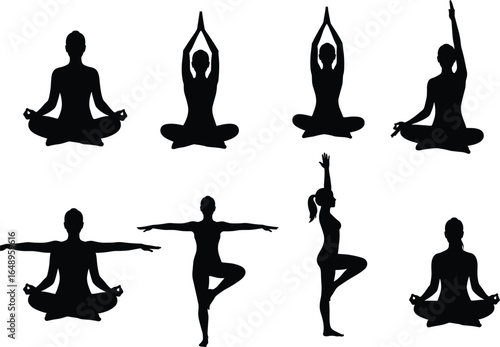  A collection of female silhouettes in various yoga poses, demonstrating relaxation, balance, and mindfulness for exercise and wellness.