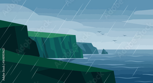 Dramatic Cliffs And Ocean View Under Heavy Rain In A Flat Design Style