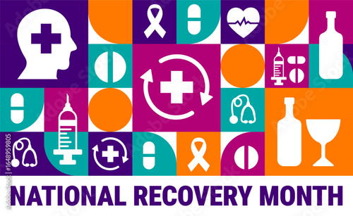 National Recovery Month Geometric shape pattern background, banner, card or poster design template is observed every year during September, to raise awareness about the mission. Vector illustration.