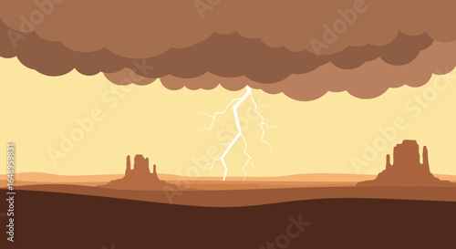 Dramatic Desert Landscape With Lightning Storm And Monoliths Silhouette