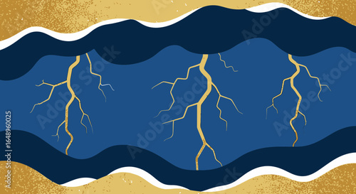 Dramatic Golden Lightnings Strikes Shining Above Dark Waves Blue Background