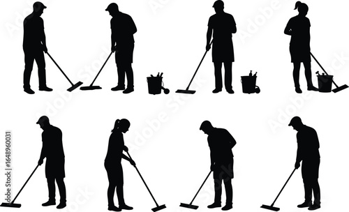 A diverse group of professional cleaners and janitors working, showcasing various cleaning actions and poses.