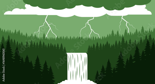 Dramatic Green Landscape With Waterfall And Lightning Weather Scenery Illustration