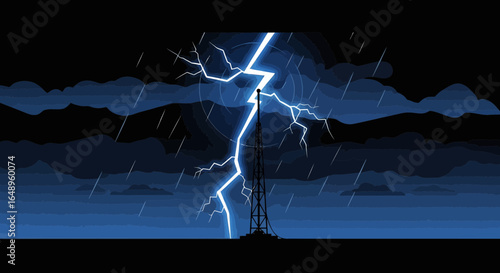 Dramatic illustration of a lightning storm striking a tower in the dark night