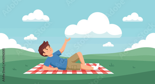 Daydreaming Man Relaxing On Picnic Blanket Reaching For Soft Clouds In The Sky