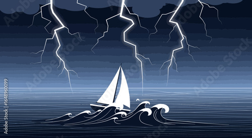 Dramatic illustration of a sailboat navigating a stormy sea under intense lightning strikes