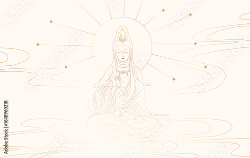 Line art Bodhisattva illustration with blessing gesture and cloud vector