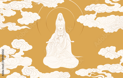 Line art Bodhisattva illustration with blessing gesture and cloud
