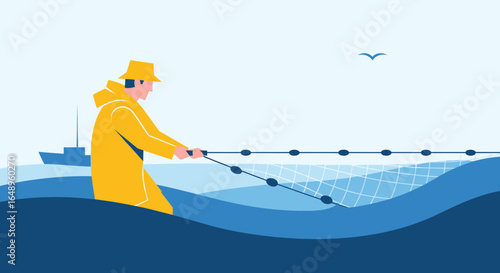 Dedicated Fisherman Pulling Net At Sea On Sunny Day Illustration