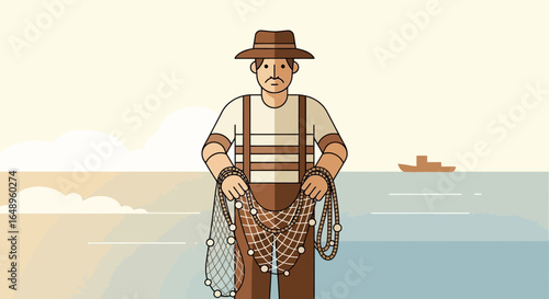 Dedicated Fisherman Holding A Net On A Calm Beach With Fishing Boat