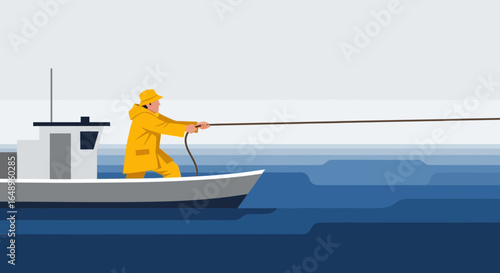 Dedicated Fisherman Pulling Rope on Boat in Water With Focus and Hardwork