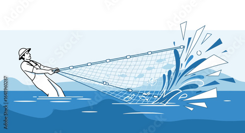 Dedicated Fisherman Hauling a Heavy Net Full of Fish in the Water