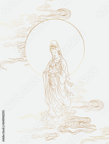 Illustration of Guanyin Bodhisattva poster line art