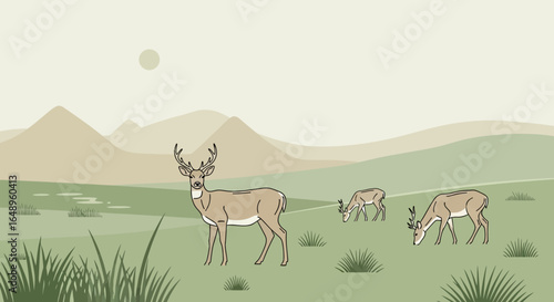 Deer In Grassy Meadow Minimalist Landscape Illustration In Earthy Tones