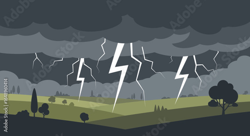 Dramatic Lightning Storm Over Rural Landscape With Rolling Hills Vector Art