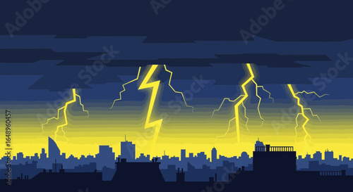 Dramatic Lightning Storm Over Urban Cityscape Vector Illustration Backdrop