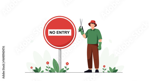 Defying Boundaries Gardener Trimming Prohibited Area Sign With Scissors