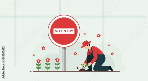 Defying Authority A Gardener Plants Flowers Near a No Entry Sign