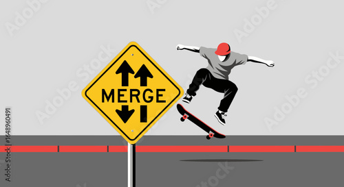 Defying Convention A Skateboarder's Leap Over Boundaries with a Merge Sign
