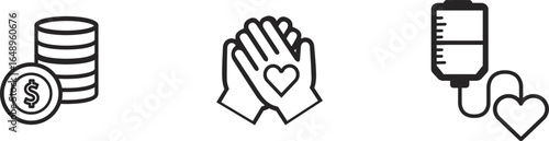 Charity and Donation Icons Money Helping Hands and Blood Donation