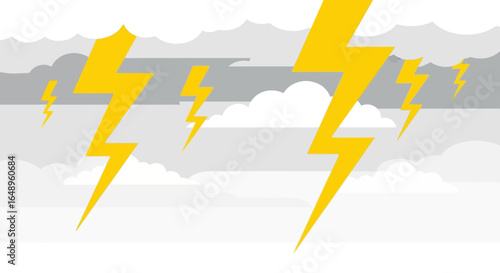Dramatic Lightning Strikes Across Cloudy Skies Flat Vector Graphic Illustration