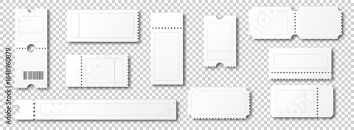 Blank tickets for cinema, concert, or festival. Vector coupon templates for shop discounts, entry passes, or event access. Clean white paper ticket set.