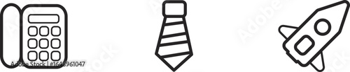 Office and Business Icons Phone Necktie and Rocket Ship in Black Outline