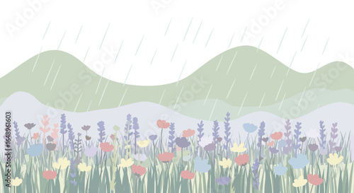 Delicate pastel meadow with colorful flowers in the rain vector illustration of a peaceful landscape with soft colors and natural elements