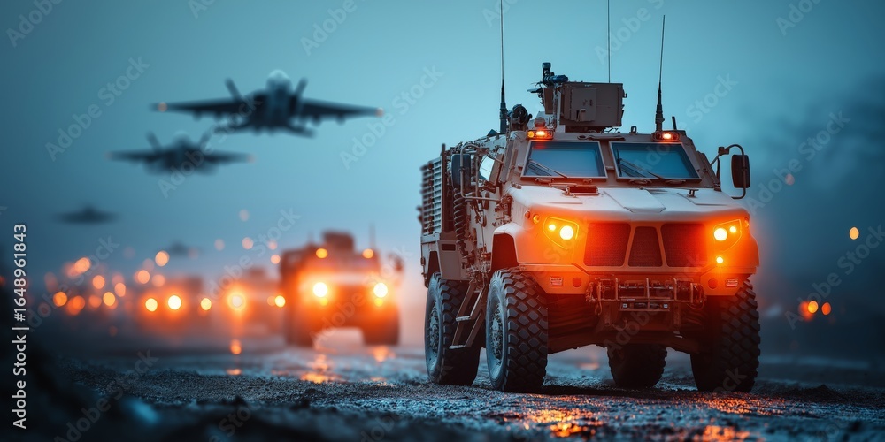 Obraz premium military war concept. Military vehicles and aircraft in a dramatic setting.