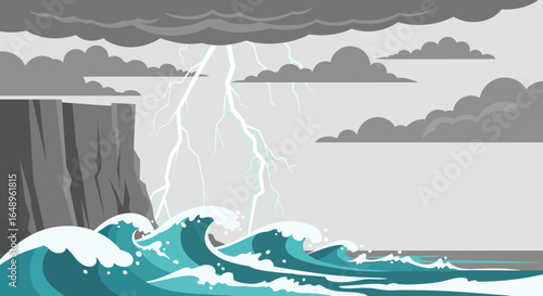 Dramatic Seaside Cliffs During Stormy Weather With Lightning Bolt Illustration