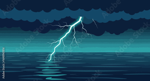 Dramatic Seascape With Ominous Clouds And Intense Lightning Strike Over Water