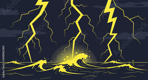 Dramatic storm illustration with bright yellow lightning strikes over ocean waves illustration